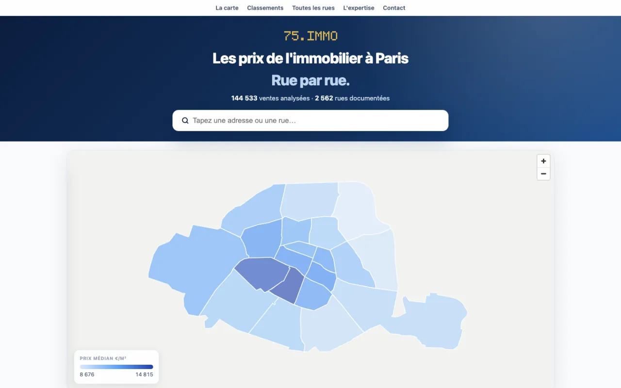 Carte des arrondissements de Paris colorée par prix, sur 75.immo