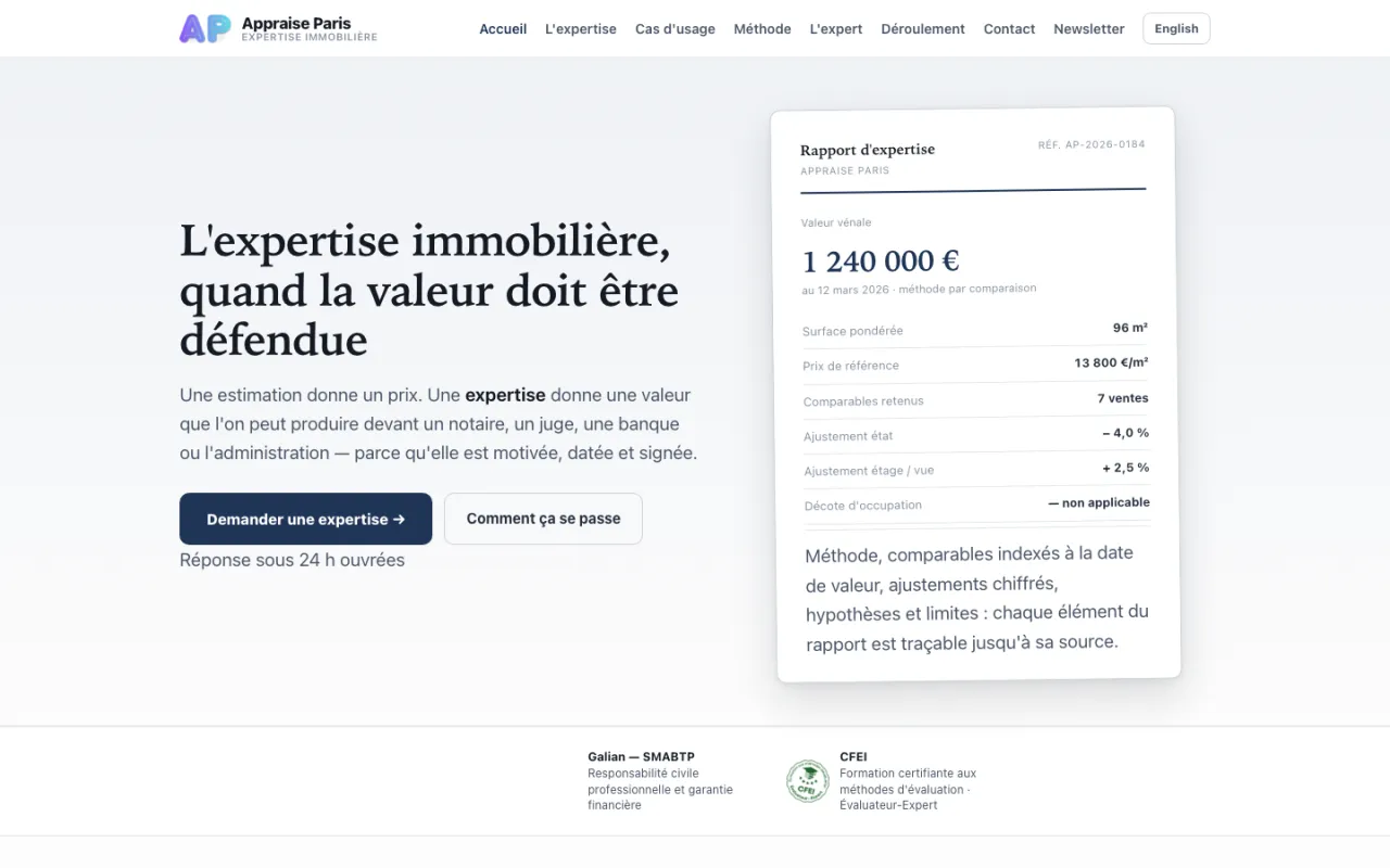 Page d'accueil d'Appraise Paris, avec un rapport d'expertise et sa valeur vénale