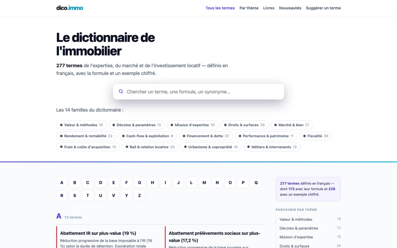 Page d'accueil de dico.immo, dictionnaire de l'immobilier