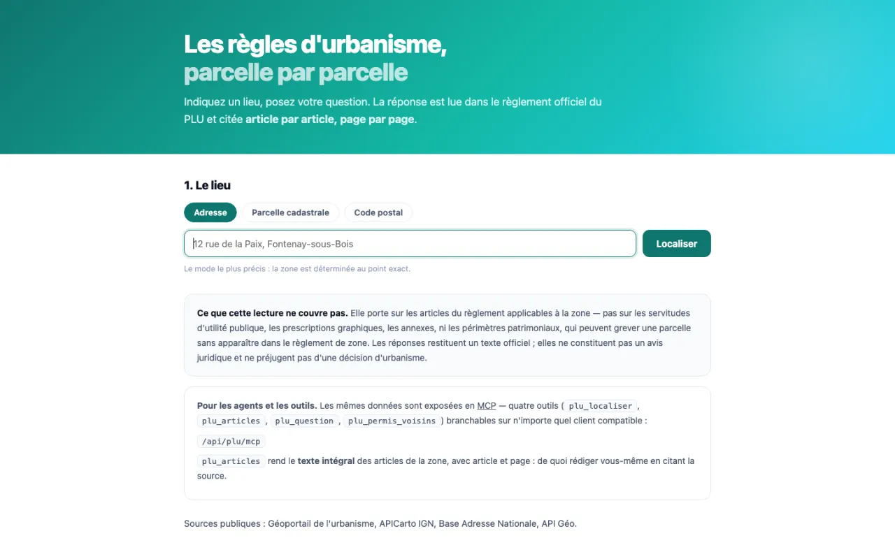 Page d'accueil de verifplu.immo pour interroger les règles d'urbanisme d'une parcelle